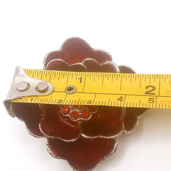 Vintage Brooch Floral Silver-tone Metal Alloy Red Enamel Rhinestone 2" Diameter - Picture 7 of 8